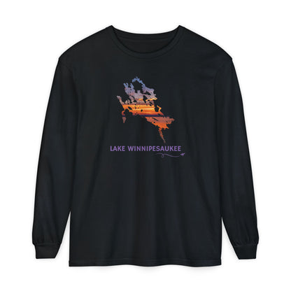 Lake Winnipesaukee Outline Long Sleeve | Sunset Lake View