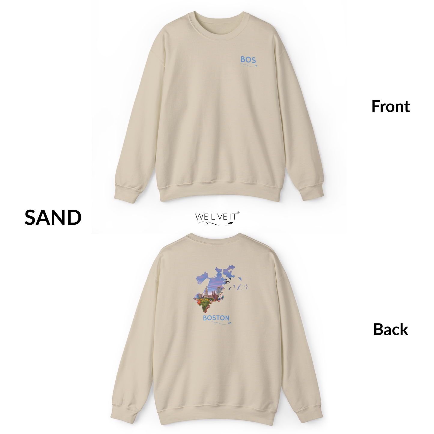 Boston Crewneck Sweatshirt | BOS Front & Historic Skyline Back | Faneuil Hall & Quincy Market