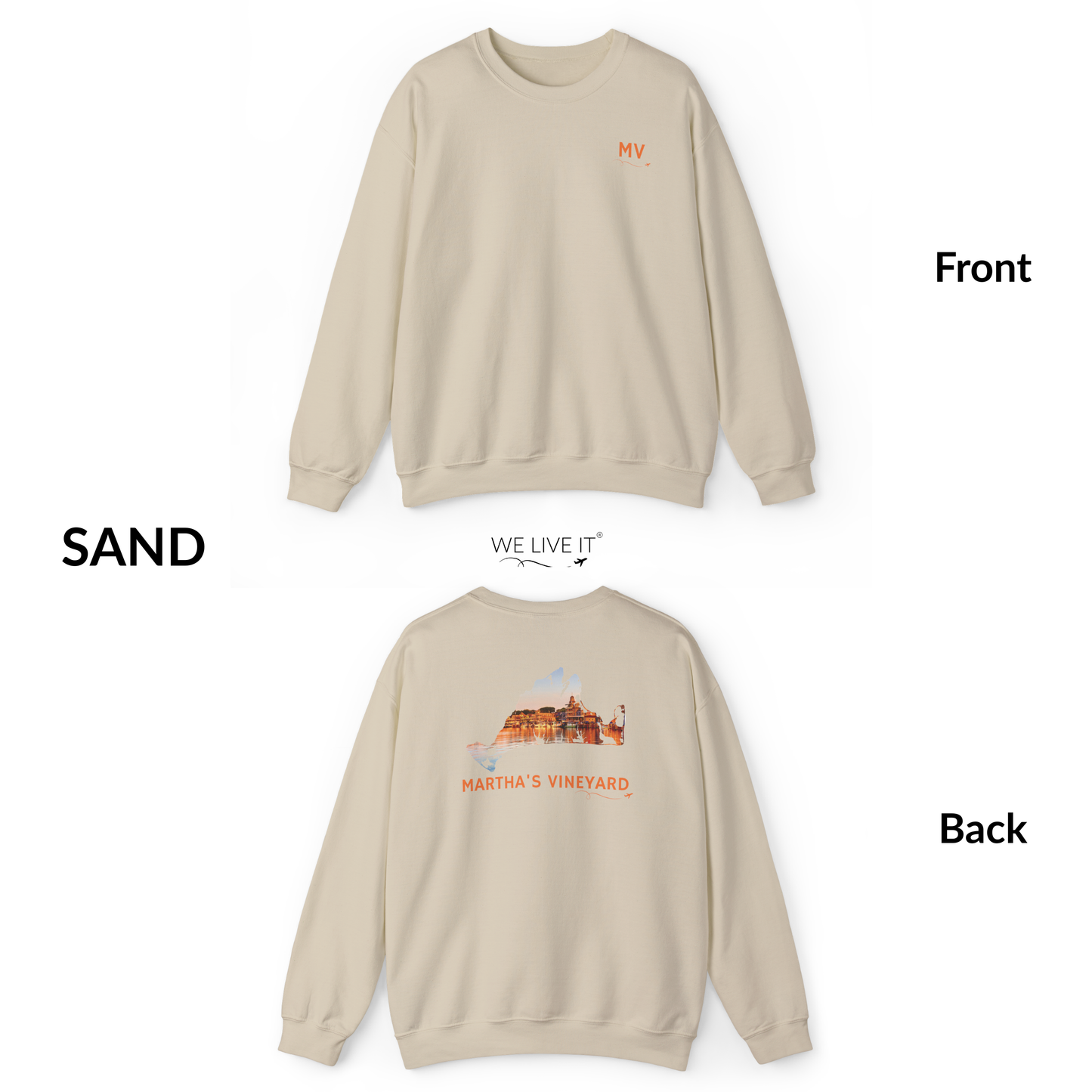 Martha’s Vineyard Crewneck Sweatshirt | MV Front & Oak Bluffs Harbor Sunset Back