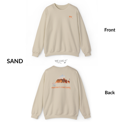 Martha’s Vineyard Crewneck Sweatshirt | MV Front & Oak Bluffs Harbor Sunset Back