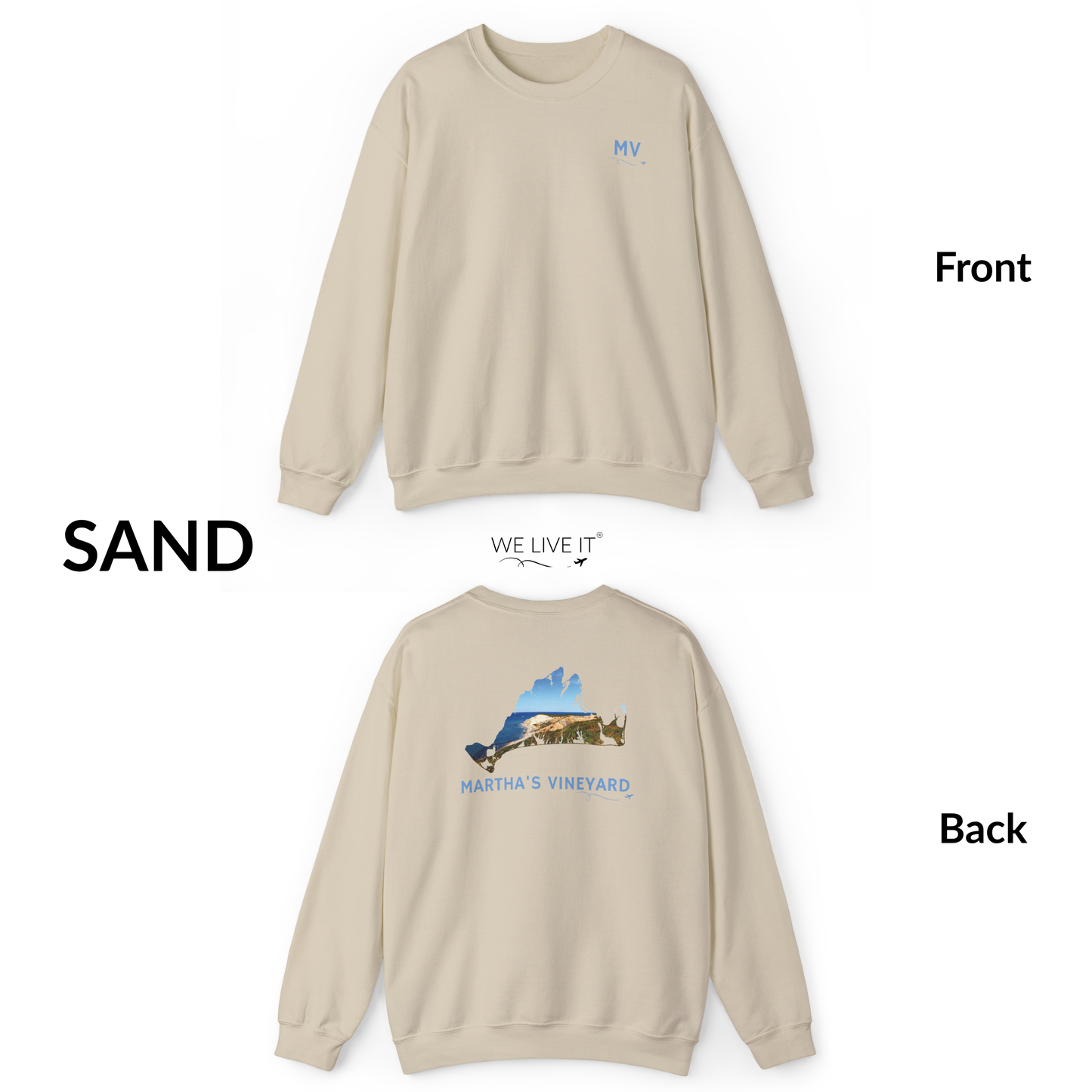 Martha’s Vineyard Crewneck Sweatshirt | MV Front & Aquinnah Cliffs Back