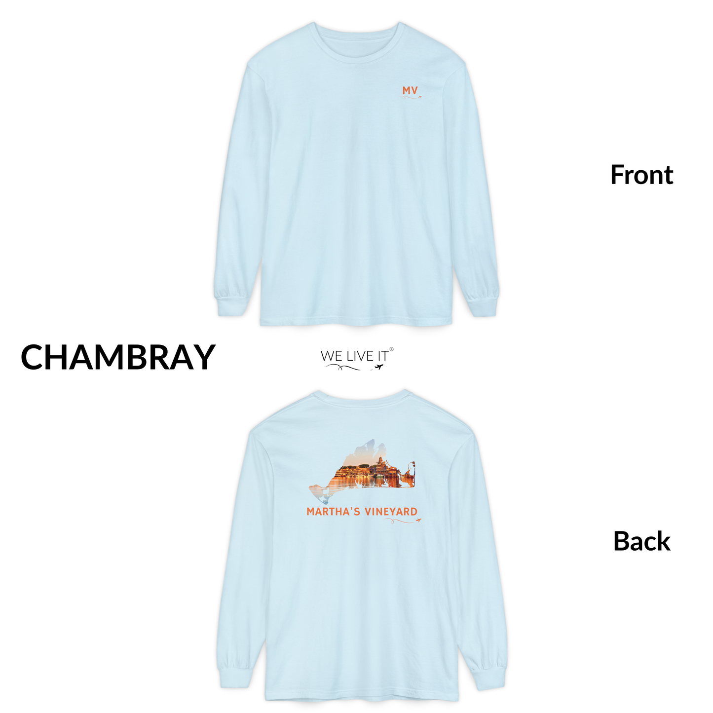 Martha’s Vineyard Long Sleeve | MV Front & Oak Bluffs Harbor Sunset Back