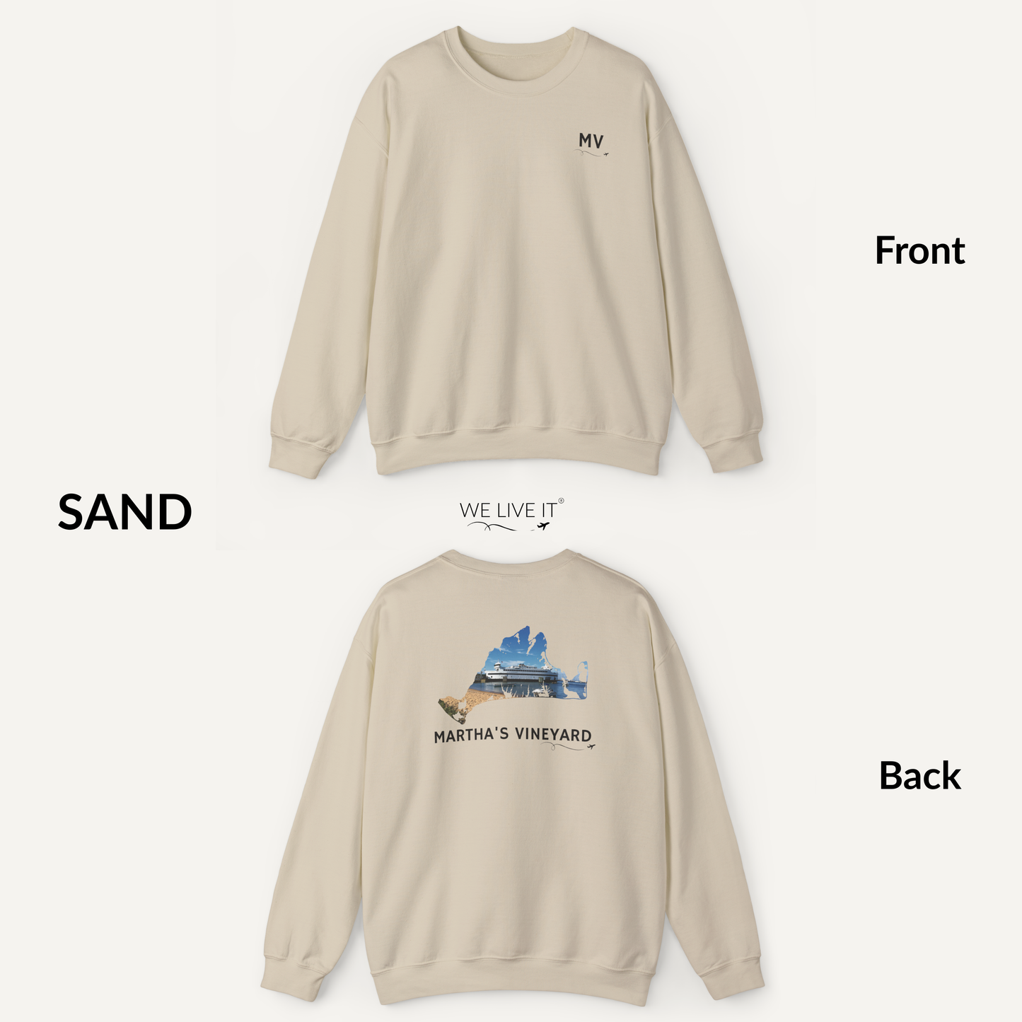 Martha’s Vineyard Crewneck Sweatshirt | MV Front & Vineyard Haven Steamship Back