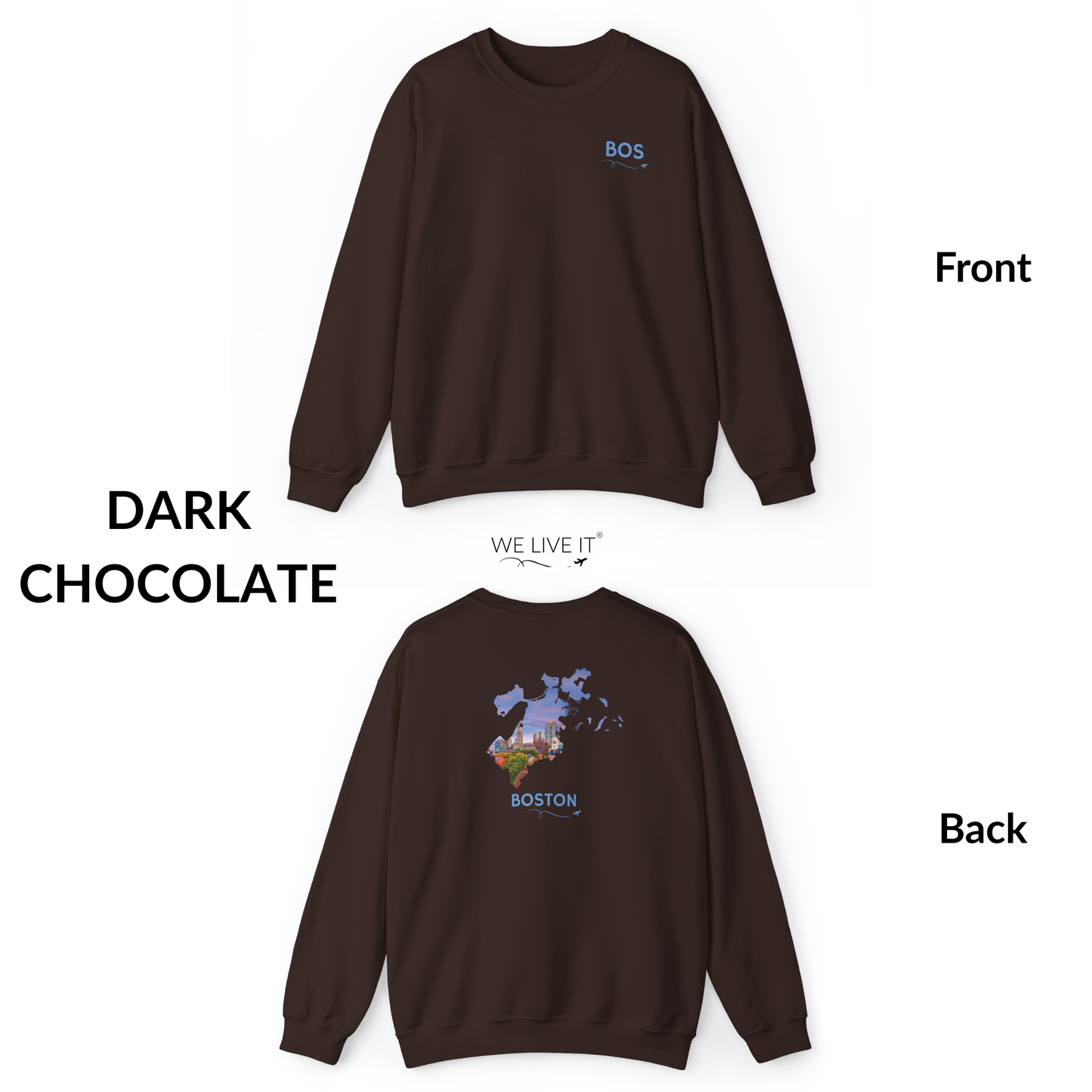 Boston Crewneck Sweatshirt | BOS Front & Historic Skyline Back | Faneuil Hall & Quincy Market