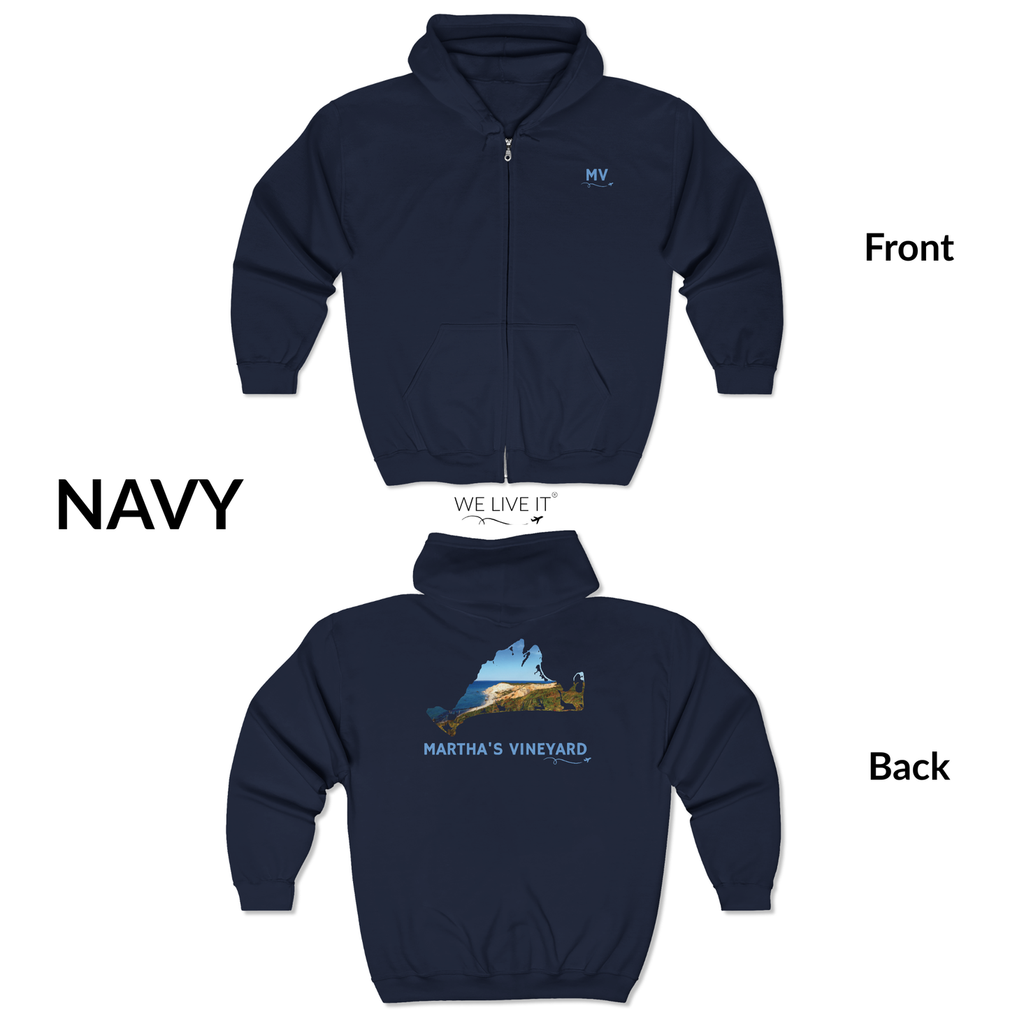 Martha’s Vineyard Zip-Up Hoodie | MV Front & Aquinnah Cliffs Back