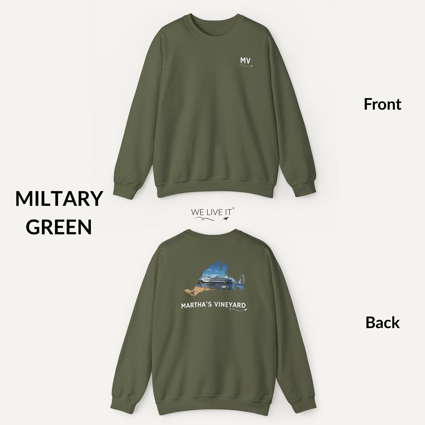 Martha’s Vineyard Crewneck Sweatshirt | MV Front & Vineyard Haven Steamship Back
