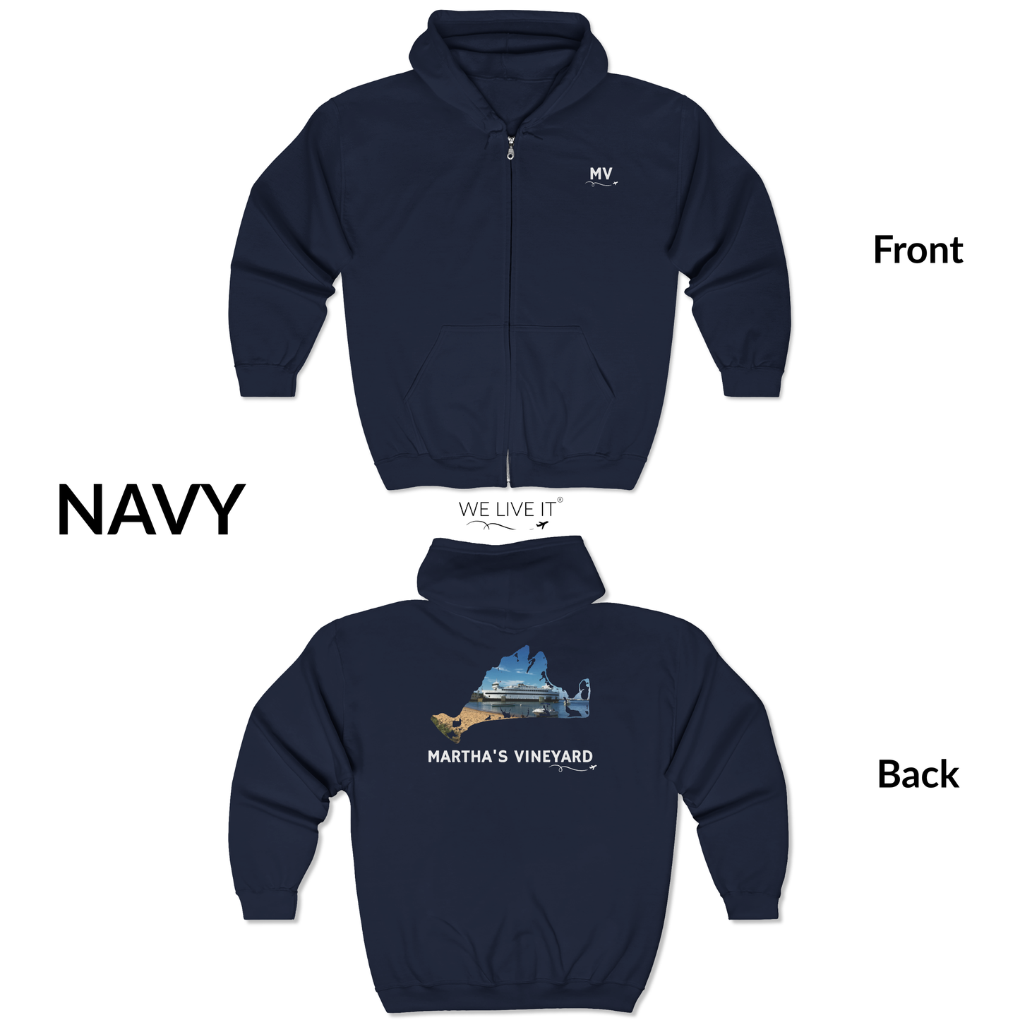 Martha’s Vineyard Zip-Up Hoodie | MV Front & Vineyard Haven Steamship Back