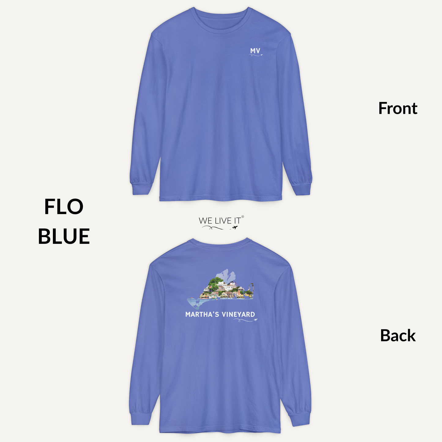 Martha’s Vineyard Long Sleeve | MV Front & Edgartown Harbor Outline Back
