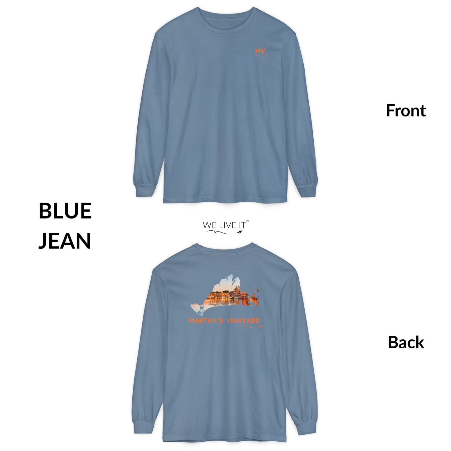 Martha’s Vineyard Long Sleeve | MV Front & Oak Bluffs Harbor Sunset Back