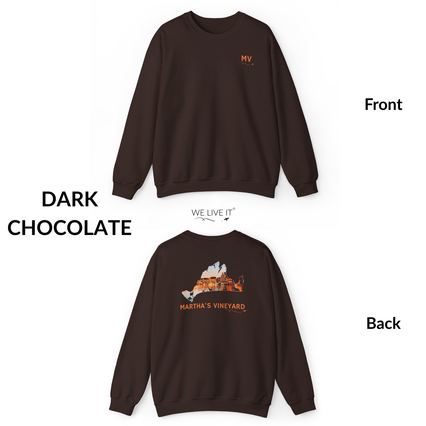 Martha’s Vineyard Crewneck Sweatshirt | MV Front & Oak Bluffs Harbor Sunset Back