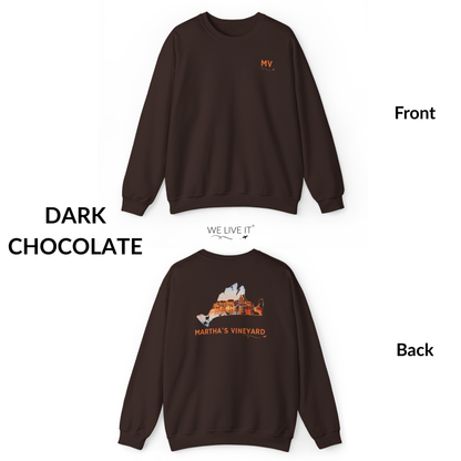 Martha’s Vineyard Crewneck Sweatshirt | MV Front & Oak Bluffs Harbor Sunset Back