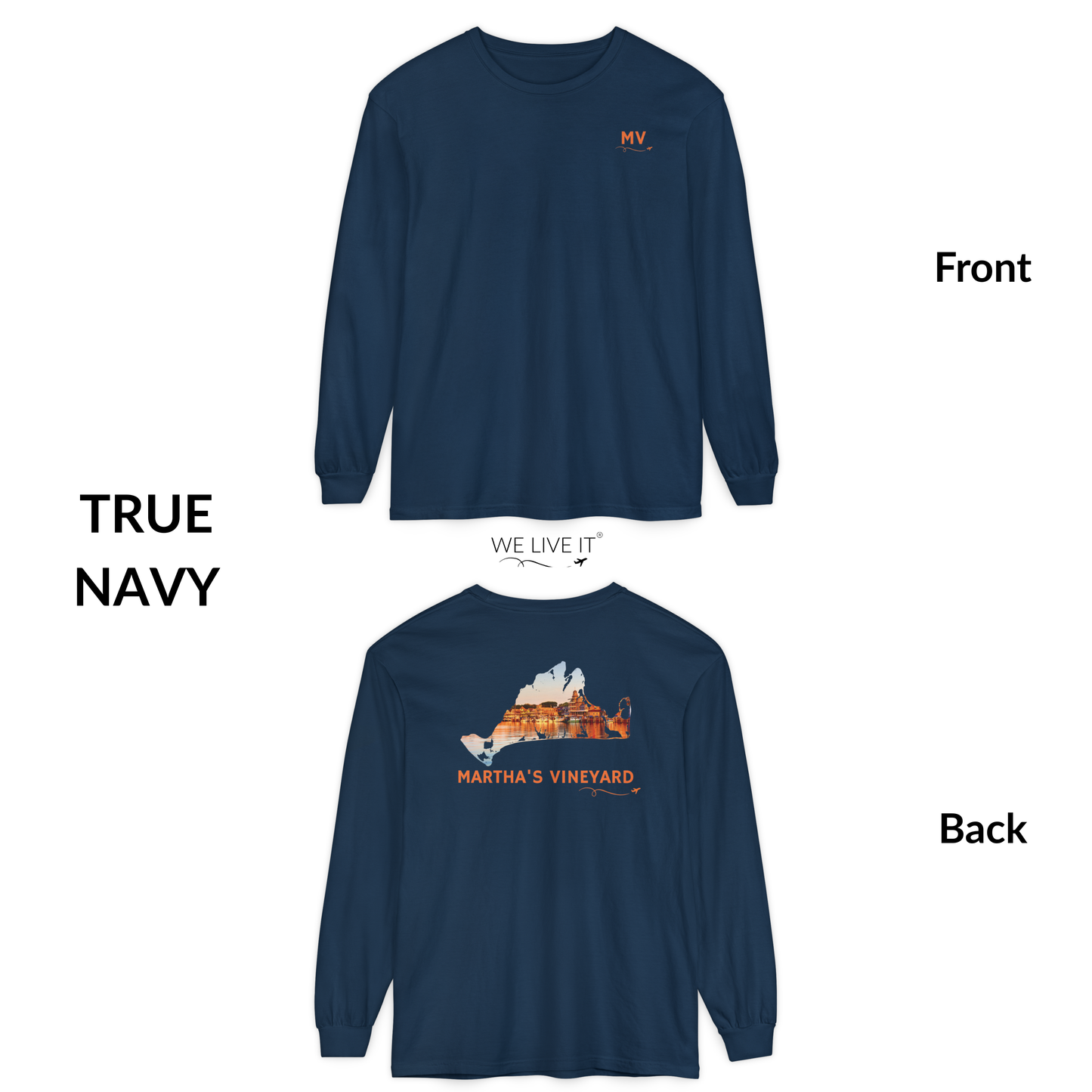 Martha’s Vineyard Long Sleeve | MV Front & Oak Bluffs Harbor Sunset Back