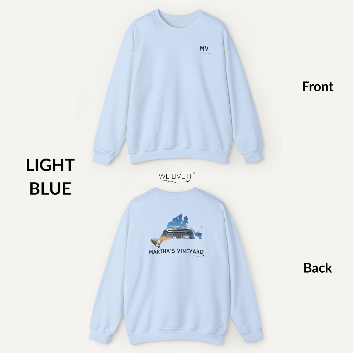 Martha’s Vineyard Crewneck Sweatshirt | MV Front & Vineyard Haven Steamship Back