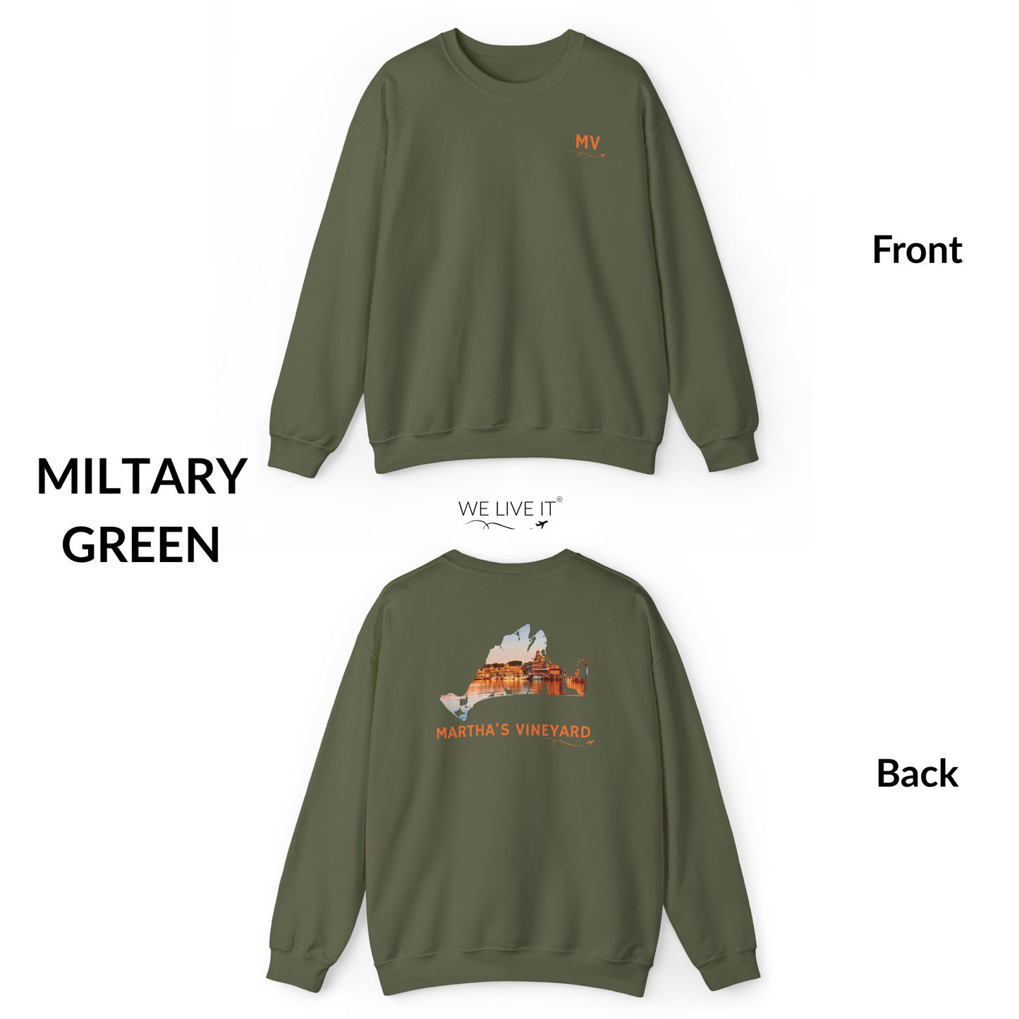 Martha’s Vineyard Crewneck Sweatshirt | MV Front & Oak Bluffs Harbor Sunset Back