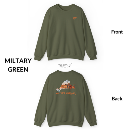 Martha’s Vineyard Crewneck Sweatshirt | MV Front & Oak Bluffs Harbor Sunset Back