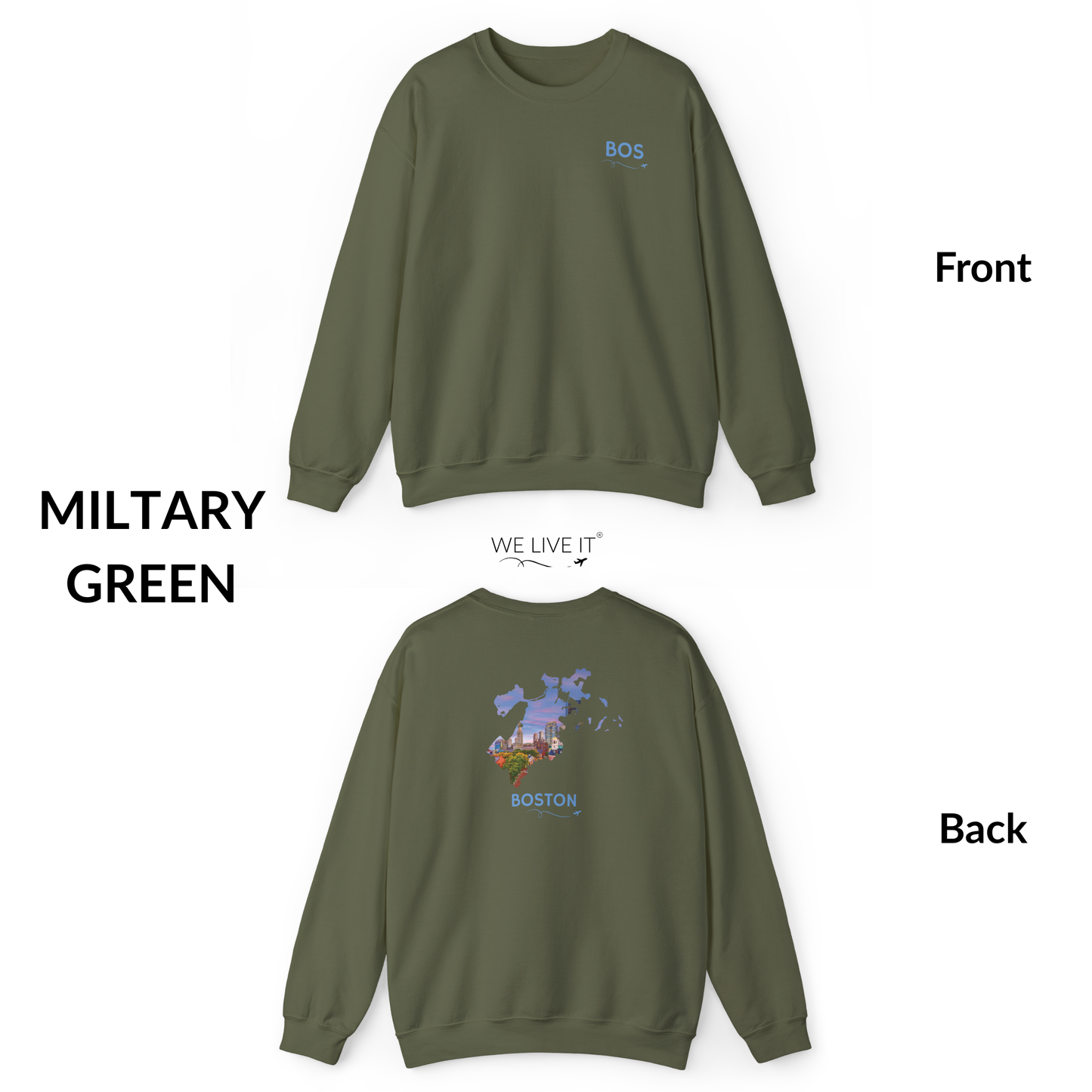 Boston Crewneck Sweatshirt | BOS Front & Historic Skyline Back | Faneuil Hall & Quincy Market