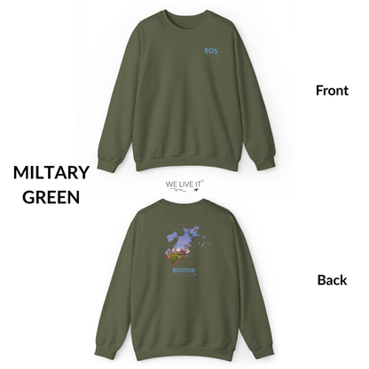 Boston Crewneck Sweatshirt | BOS Front & Historic Skyline Back | Faneuil Hall & Quincy Market