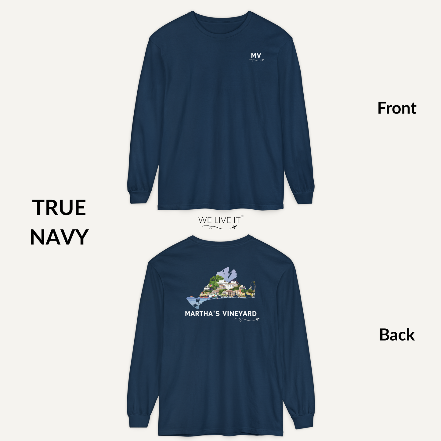 Martha’s Vineyard Long Sleeve | MV Front & Edgartown Harbor Outline Back