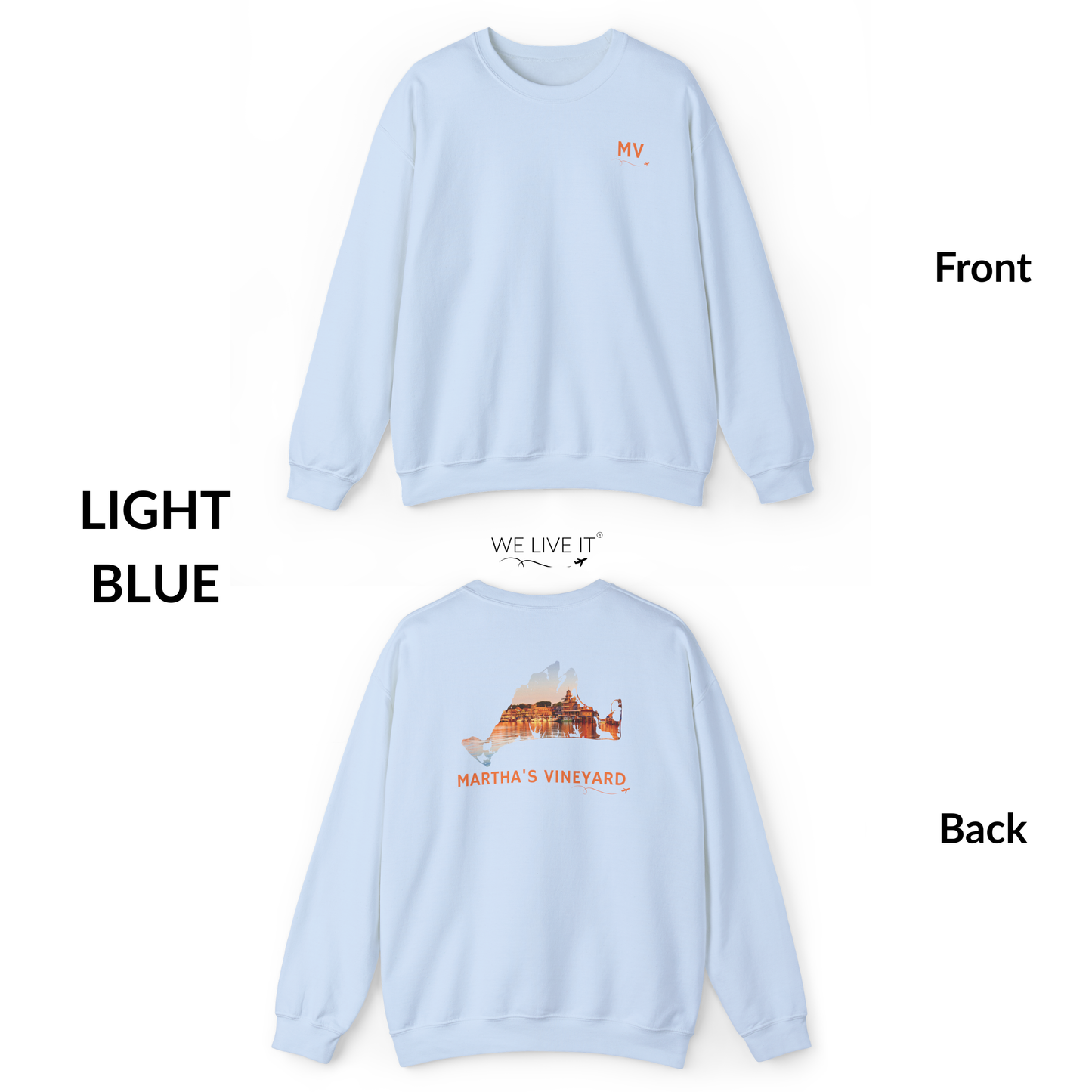 Martha’s Vineyard Crewneck Sweatshirt | MV Front & Oak Bluffs Harbor Sunset Back