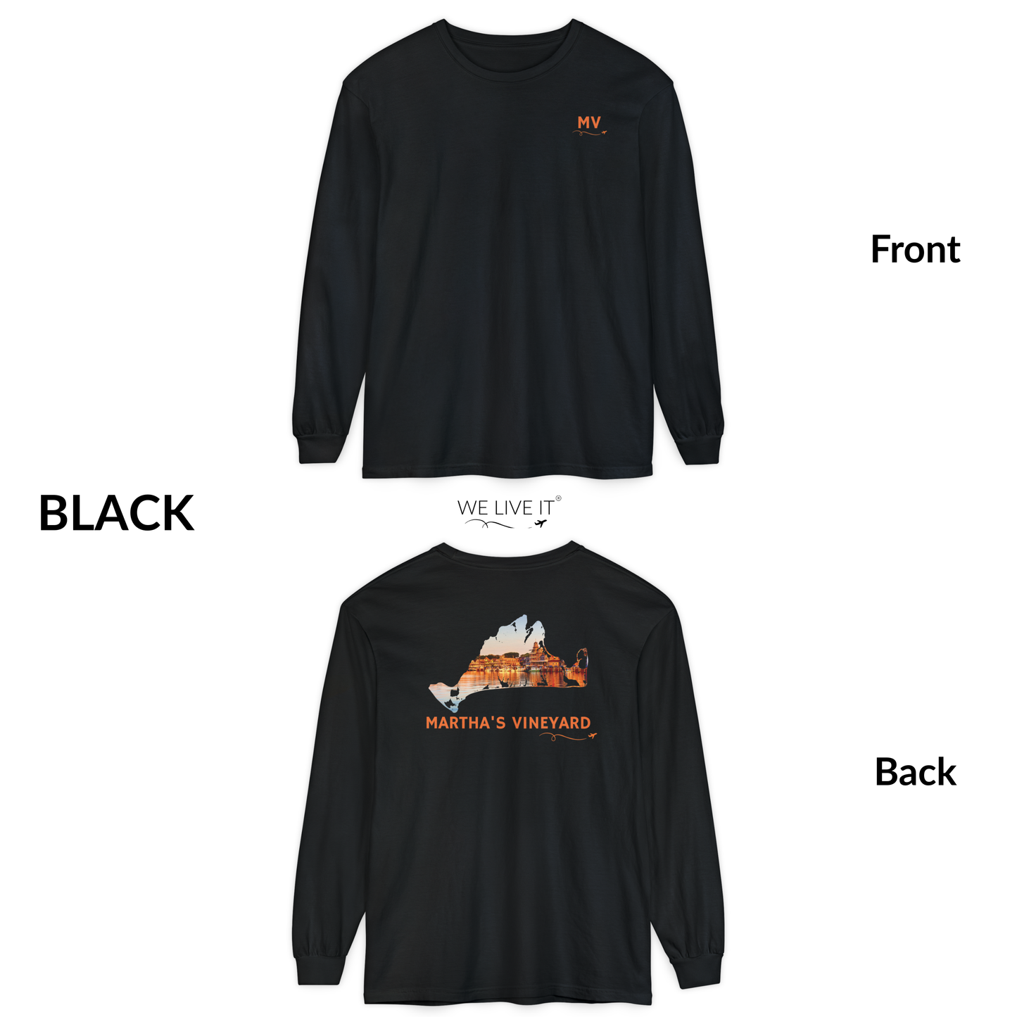 Martha’s Vineyard Long Sleeve | MV Front & Oak Bluffs Harbor Sunset Back