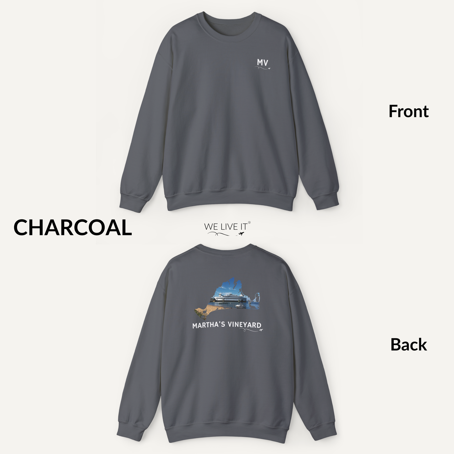 Martha’s Vineyard Crewneck Sweatshirt | MV Front & Vineyard Haven Steamship Back