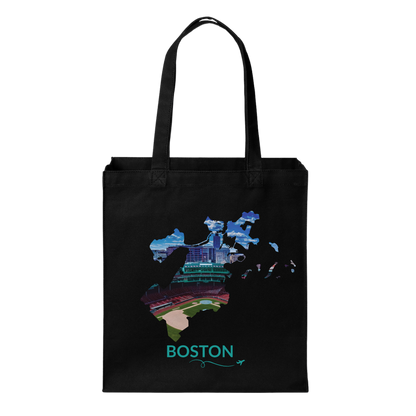 Black cotton canvas tote bag featuring a hand-drawn Boston outline filled with an aerial view of Fenway Park and the surrounding city skyline. The word "Boston" appears below the artwork with a small airplane icon and looping flight path.