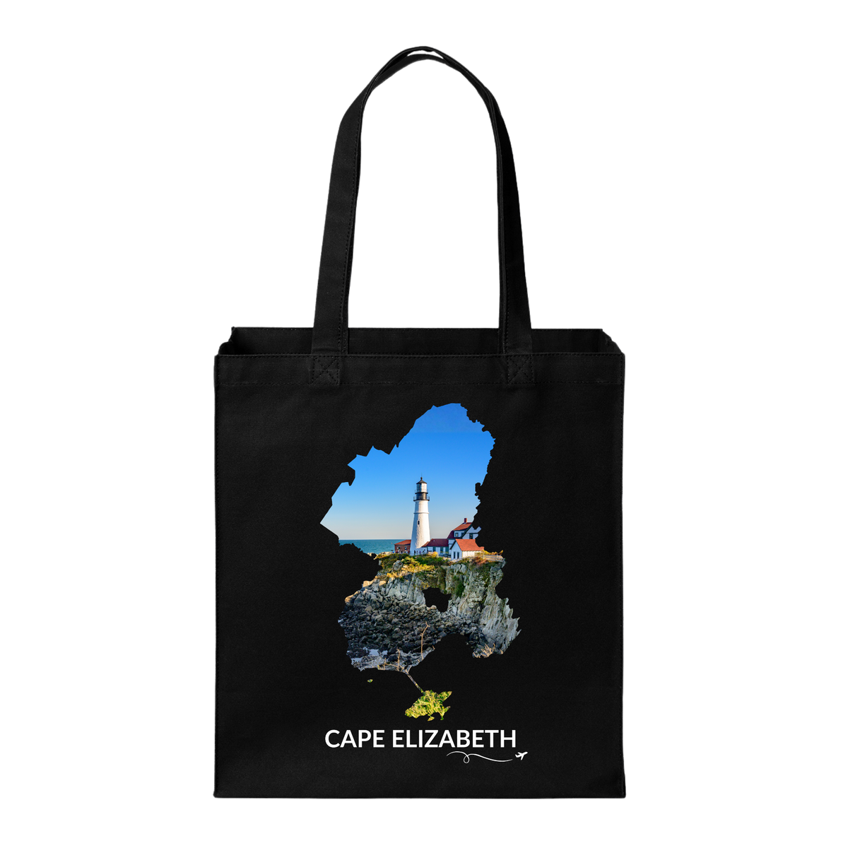 Black Cape Elizabeth tote bag featuring Portland Head Light and the rocky Maine coastline inside the Cape Elizabeth outline, white Cape Elizabeth lettering, and a small airplane with swirl