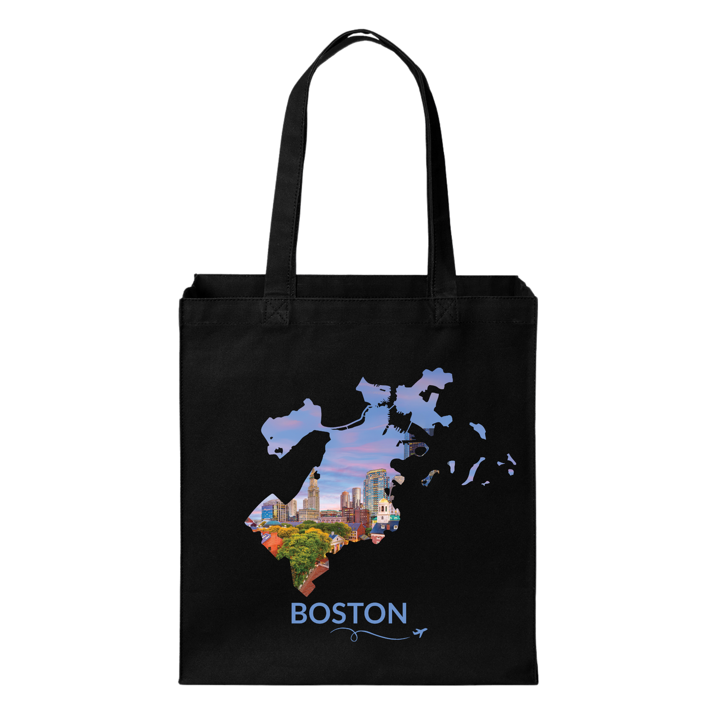 Black cotton canvas tote bag featuring a hand-drawn Boston outline filled with an aerial sunset view of Faneuil Hall, Quincy Market, the North End, International Place, and the Custom House Tower. The word "Boston" appears below the artwork with a small airplane icon and looping flight path.