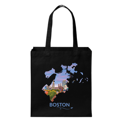 Black cotton canvas tote bag featuring a hand-drawn Boston outline filled with an aerial sunset view of Faneuil Hall, Quincy Market, the North End, International Place, and the Custom House Tower. The word "Boston" appears below the artwork with a small airplane icon and looping flight path.
