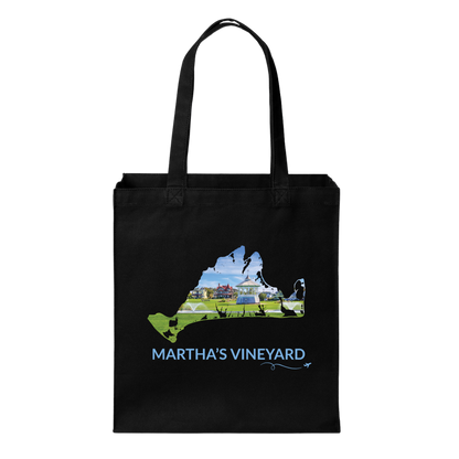 Black cotton canvas tote bag featuring a hand-drawn Martha's Vineyard outline filled with the Ocean Park gazebo, green lawn, and colorful cottages in Oak Bluffs. The words "Martha's Vineyard" appear below the artwork with a small airplane icon and looping flight path.