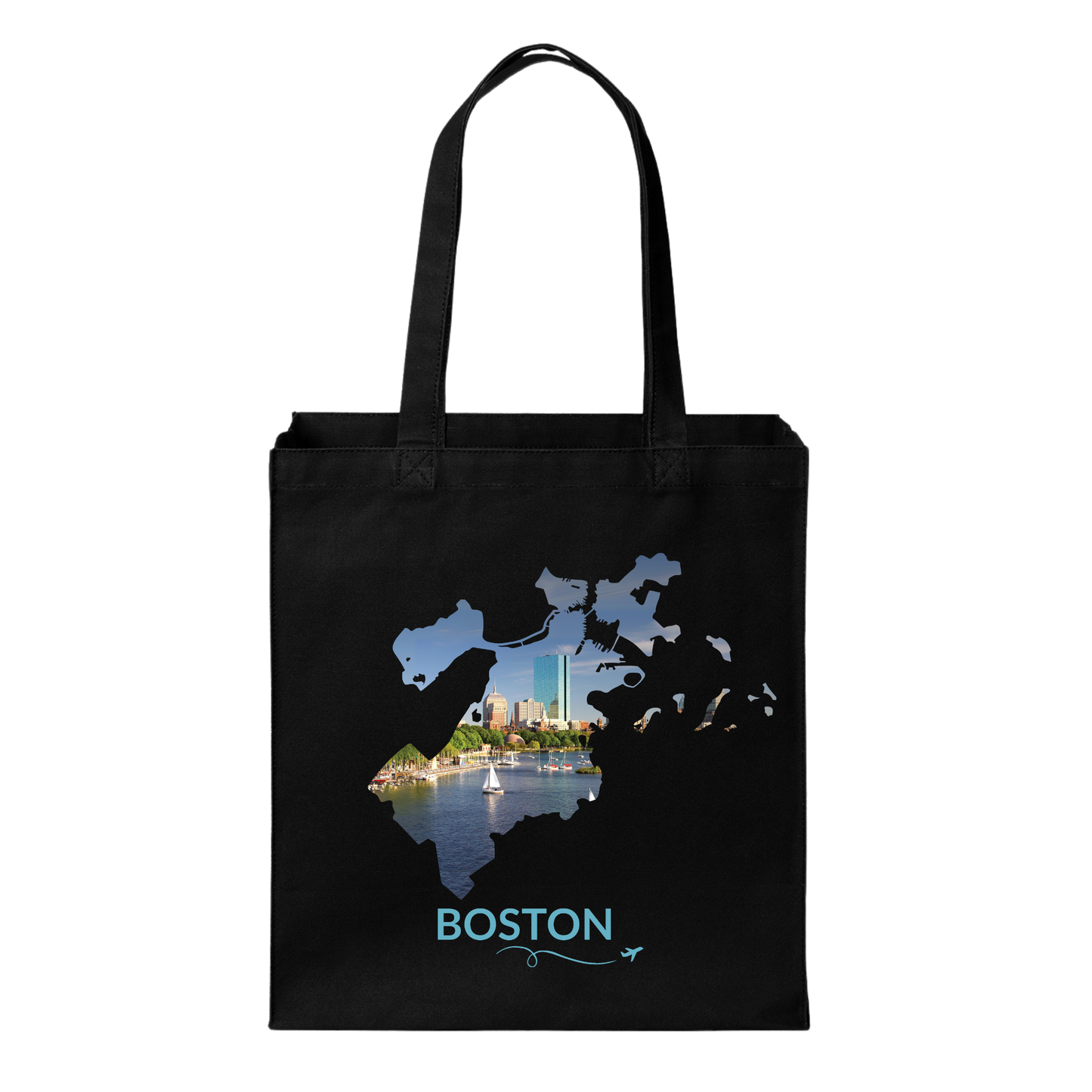 Black cotton canvas tote bag featuring a hand-drawn Boston outline filled with the Charles River, Hancock Tower (200 Clarendon), sailboats, and the Back Bay skyline. The word "Boston" appears below the artwork with a small airplane icon and looping flight path.
