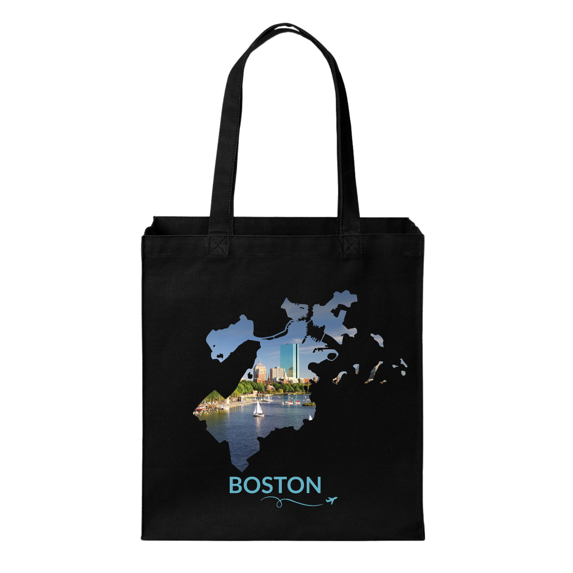 Black cotton canvas tote bag featuring a hand-drawn Boston outline filled with the Charles River, Hancock Tower (200 Clarendon), sailboats, and the Back Bay skyline. The word "Boston" appears below the artwork with a small airplane icon and looping flight path.