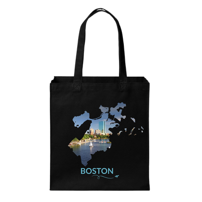 Black cotton canvas tote bag featuring a hand-drawn Boston outline filled with the Charles River, Hancock Tower (200 Clarendon), sailboats, and the Back Bay skyline. The word "Boston" appears below the artwork with a small airplane icon and looping flight path.