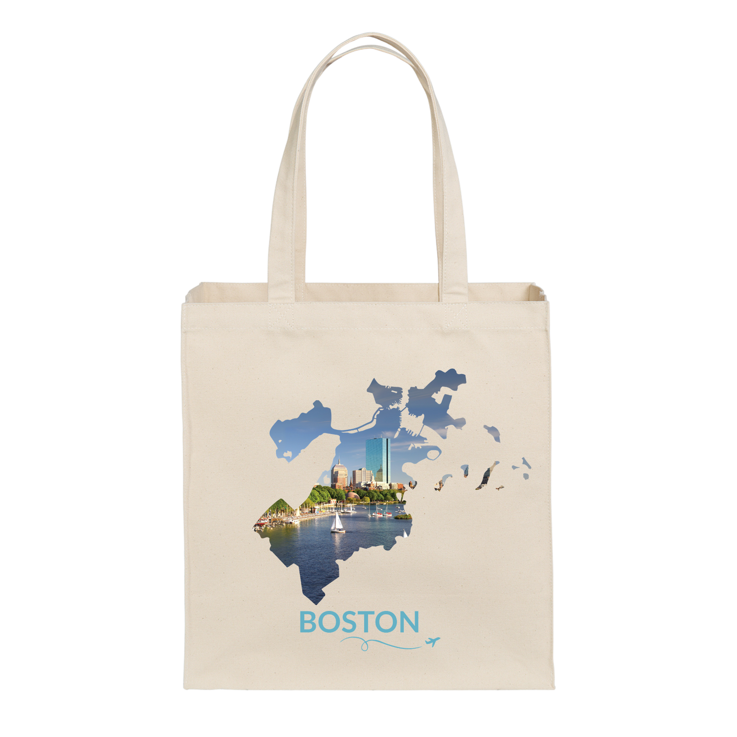 Natural cotton canvas tote bag featuring a hand-drawn Boston outline filled with a scenic view of the Charles River, sailboats, the John Hancock Tower (200 Clarendon), and the Back Bay skyline. The word "Boston" appears below the artwork with a small airplane icon and looping flight path.