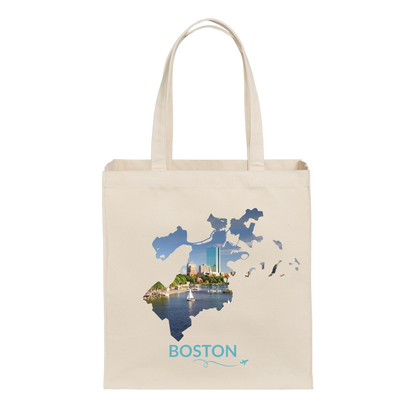 Natural cotton canvas tote bag featuring a hand-drawn Boston outline filled with a scenic view of the Charles River, sailboats, the John Hancock Tower (200 Clarendon), and the Back Bay skyline. The word "Boston" appears below the artwork with a small airplane icon and looping flight path.