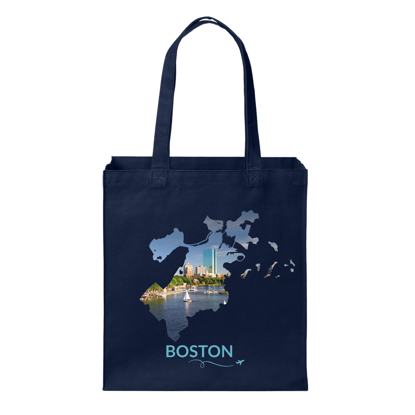 Navy cotton canvas tote bag featuring a hand-drawn Boston outline showcasing the Charles River with sailboats and the Back Bay skyline, including the John Hancock Tower (200 Clarendon). The word "Boston" appears below the artwork with a small airplane icon and looping flight path.