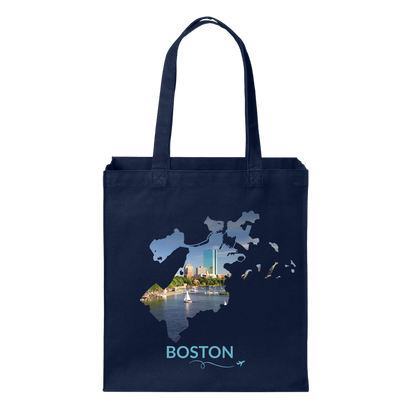 Navy cotton canvas tote bag featuring a hand-drawn Boston outline showcasing the Charles River with sailboats and the Back Bay skyline, including the John Hancock Tower (200 Clarendon). The word "Boston" appears below the artwork with a small airplane icon and looping flight path.