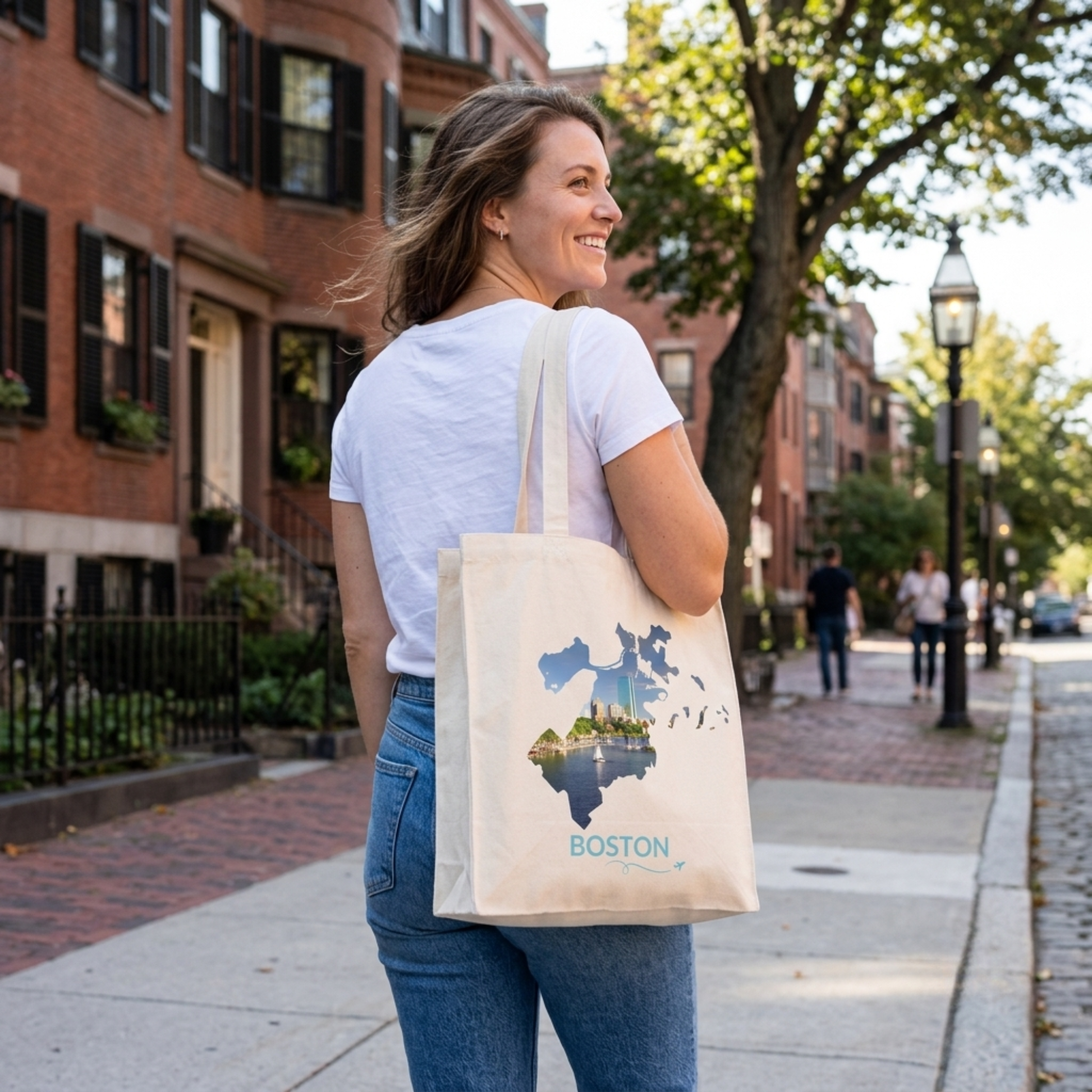 Woman carrying a natural cotton canvas tote bag featuring a hand-drawn Boston outline filled with the Charles River, sailboats, and the Back Bay skyline while walking through Boston's Beacon Hill neighborhood. The word "Boston" appears below the artwork with a small airplane icon and looping flight path.