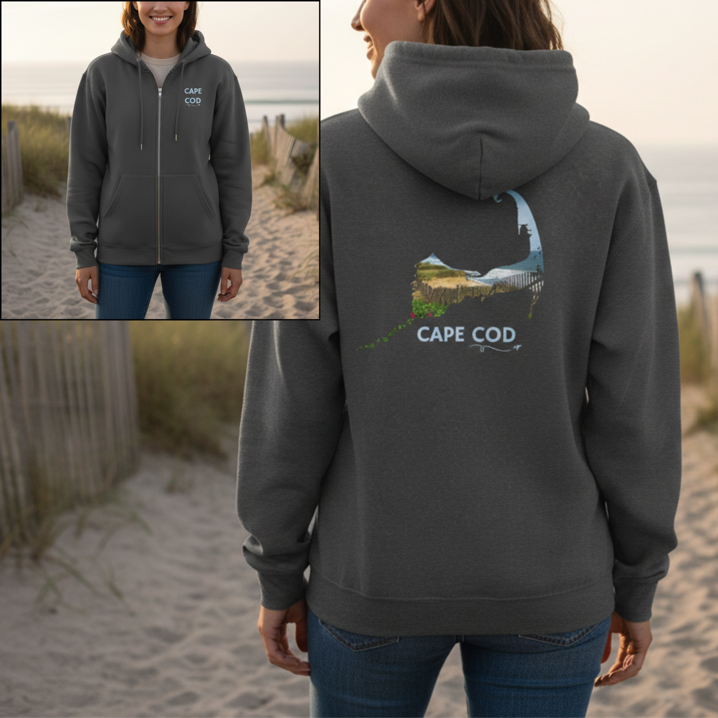 Cape Cod Zip-Up Hoodie | Beach Roses, Sand & Ocean Waves Sweatshirt