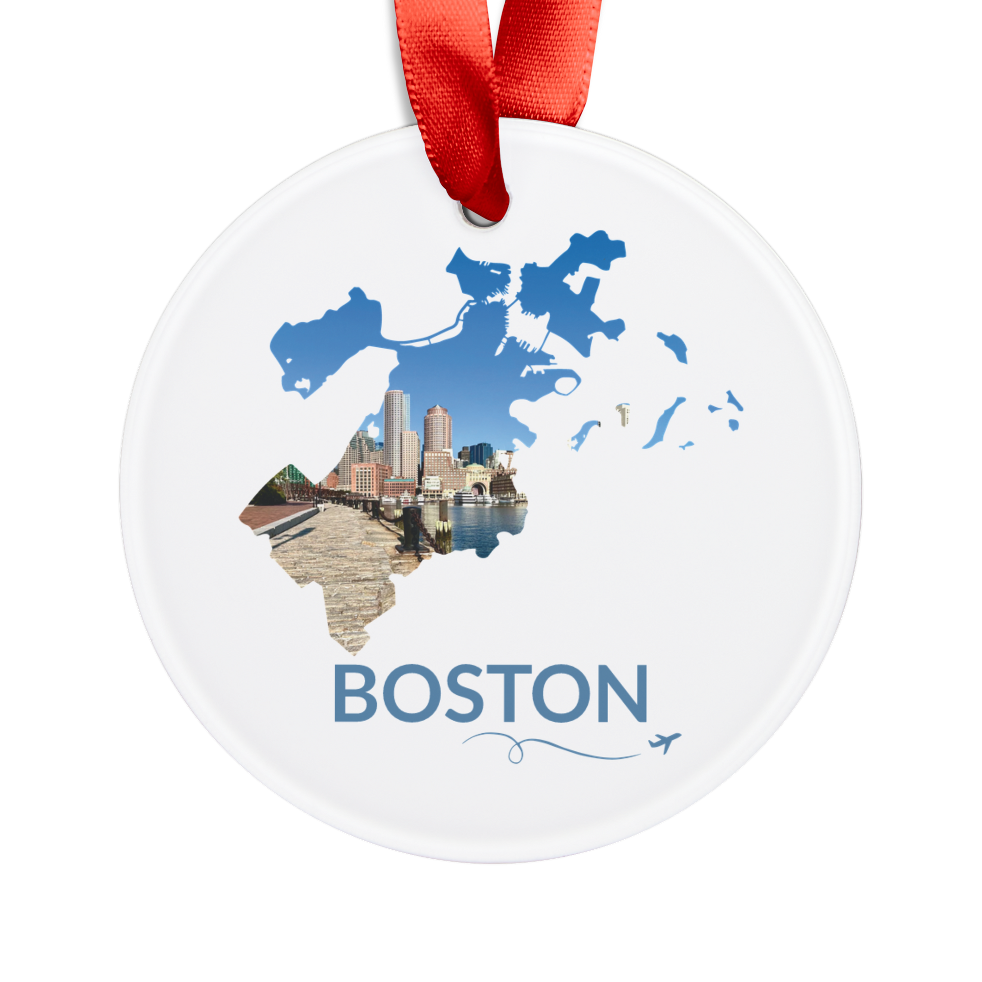 Round acrylic ornament featuring a hand-drawn outline of Boston filled with a waterfront view of the Harborwalk and city skyline. The word "Boston" appears below the artwork with a small airplane icon and looping flight path.
