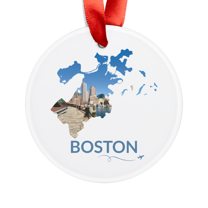 Round acrylic ornament featuring a hand-drawn outline of Boston filled with a waterfront view of the Harborwalk and city skyline. The word "Boston" appears below the artwork with a small airplane icon and looping flight path.