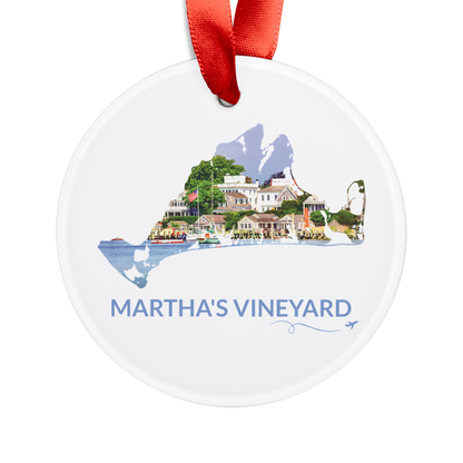 Martha’s Vineyard Edgartown Harbor ornament with red ribbon, island outline filled with waterfront homes and boats, lettering, and airplane swirl