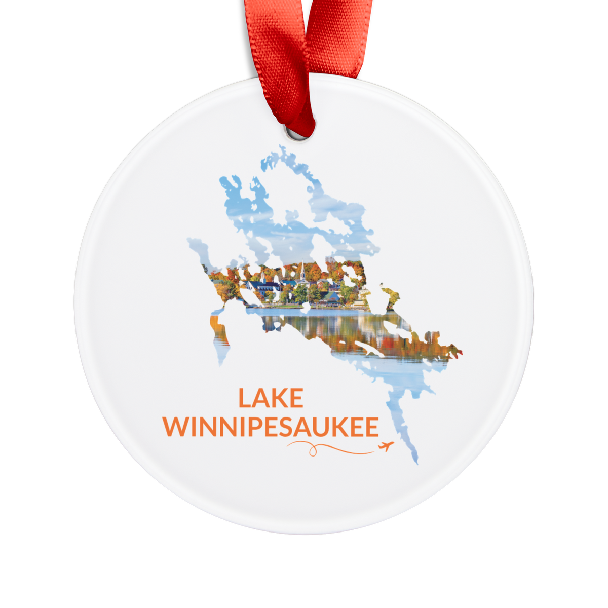 White Lake Winnipesaukee ornament with red ribbon, featuring Meredith waterfront and fall foliage inside the lake outline, orange Lake Winnipesaukee lettering, and a small airplane with swirl