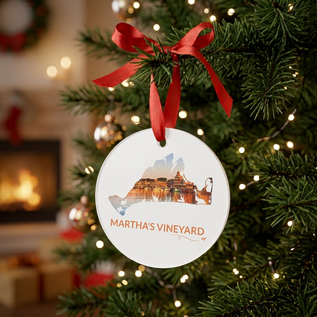 White Martha’s Vineyard ornament hanging on a Christmas tree with a red ribbon, featuring Oak Bluffs Harbor at sunset inside the island outline, orange Martha’s Vineyard lettering, and a small airplane with swirl