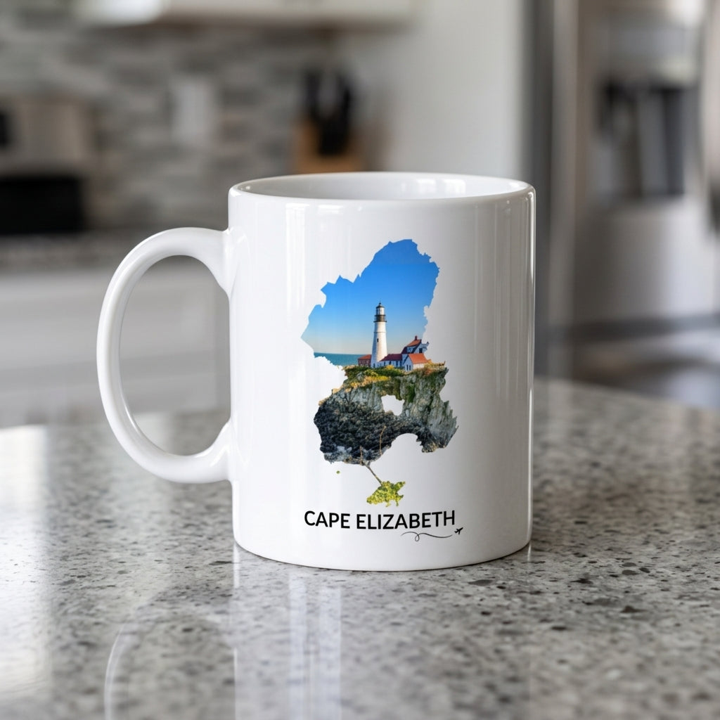 White Cape Elizabeth mug on a kitchen countertop featuring Portland Head Light and the rocky Maine coastline inside the Cape Elizabeth outline, black Cape Elizabeth lettering, and a small airplane with swirl
