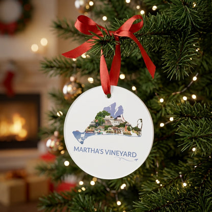 Martha’s Vineyard Edgartown Harbor ornament hanging on a Christmas tree, with island outline, harbor scene, lettering, and airplane swirl