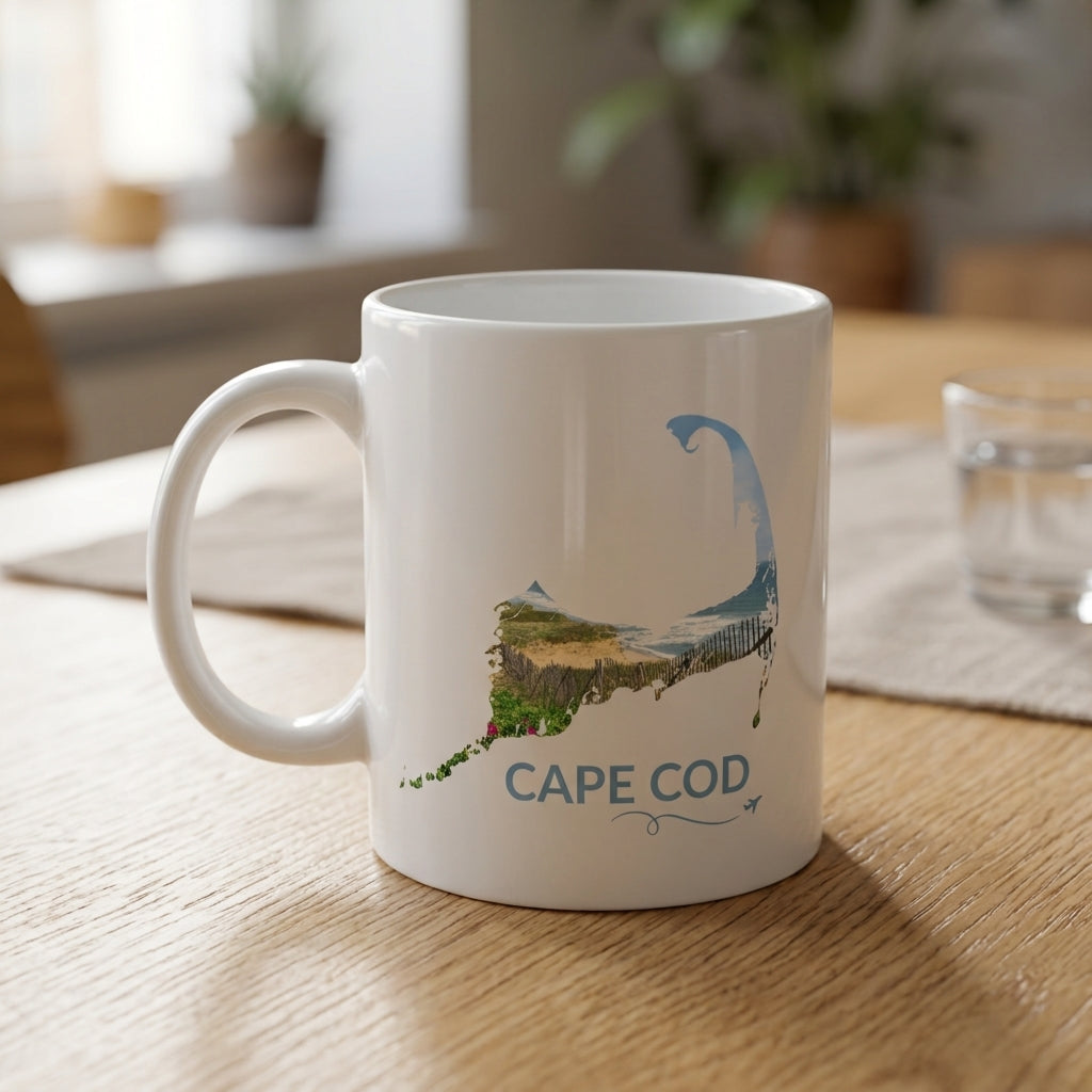 White Cape Cod mug on a wooden table featuring a beach scene with sand fence, dunes, ocean and beach roses inside the Cape Cod outline, blue Cape Cod lettering, and a small airplane with swirl