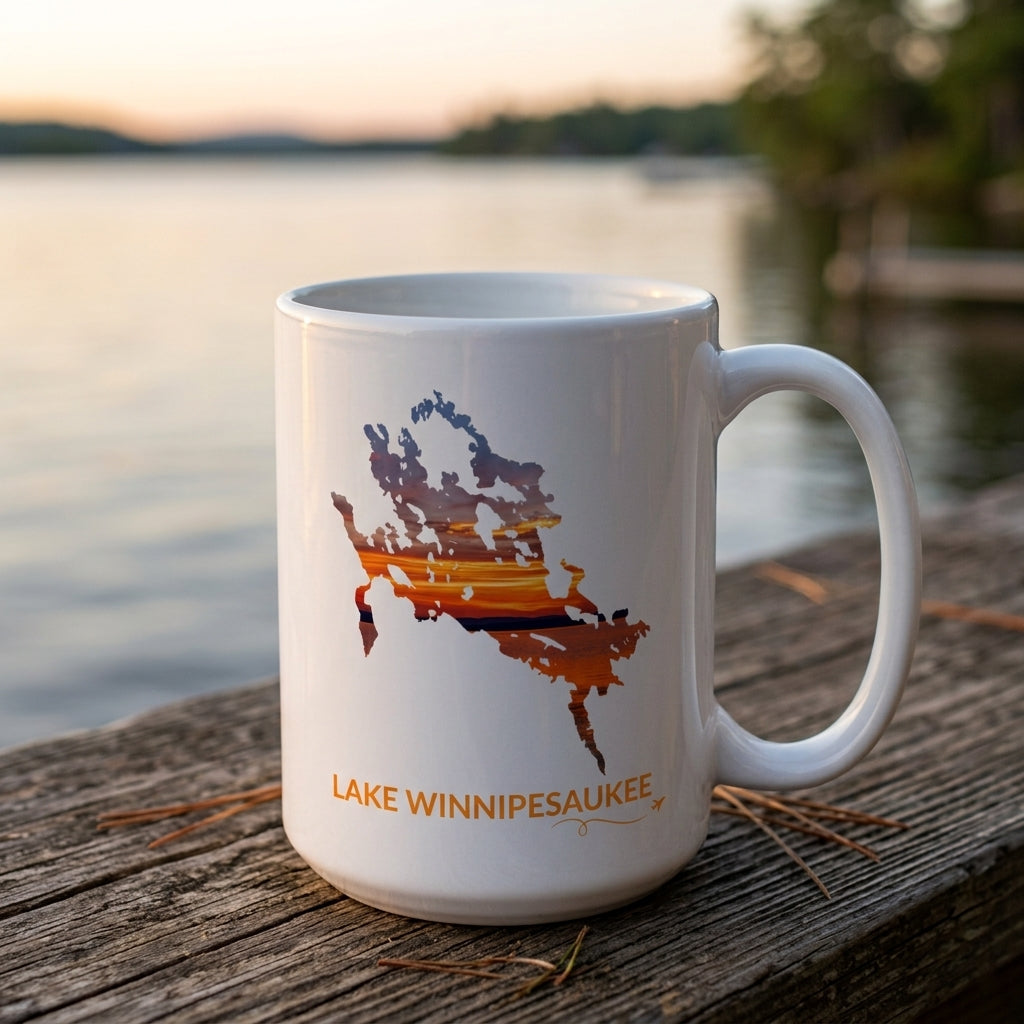 White Lake Winnipesaukee mug on a wooden dock at sunset, featuring a colorful sunset over the lake inside the lake outline, orange Lake Winnipesaukee lettering, and a small airplane with swirl