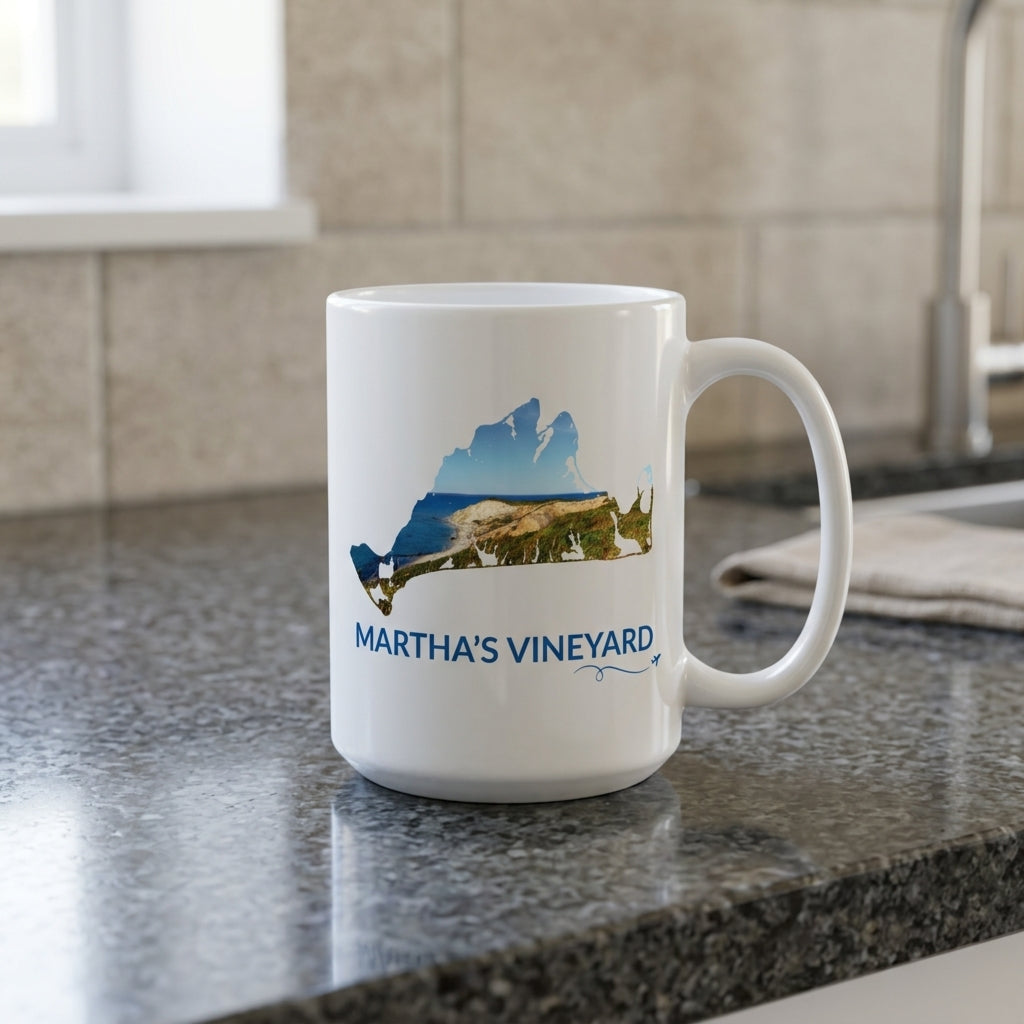 Martha's Vineyard Aquinnah Cliffs mug displayed on a kitchen counter, featuring a hand-drawn island outline filled with a real coastal photograph, Martha's Vineyard lettering, and airplane swirl