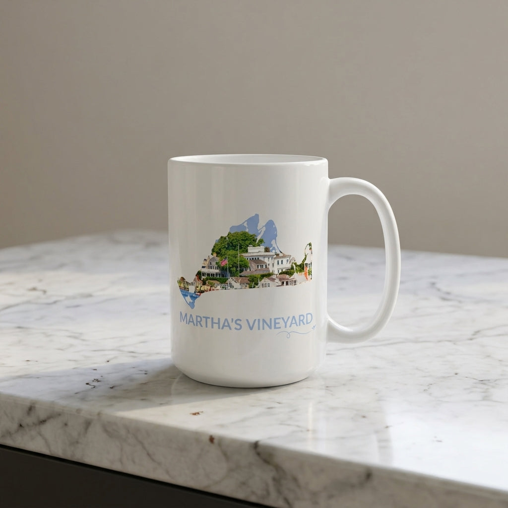 15 oz Edgartown Harbor mug on a marble countertop featuring waterfront homes and harbor scenery inside a hand-drawn Martha's Vineyard outline, with Martha's Vineyard lettering and airplane swirl